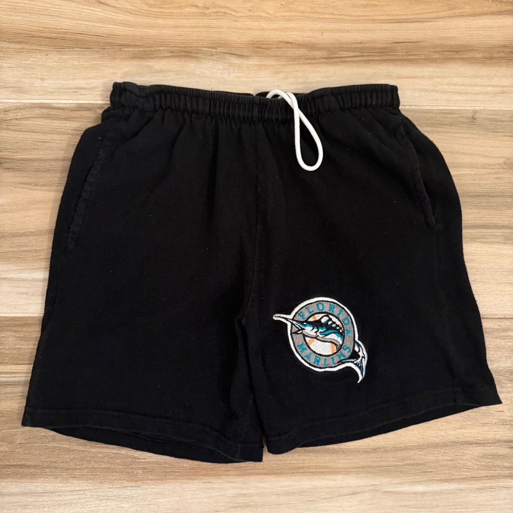 VTG 90s Florida Marlins Champion Fleece Shorts Black Made in USA Blue Bar Men M
